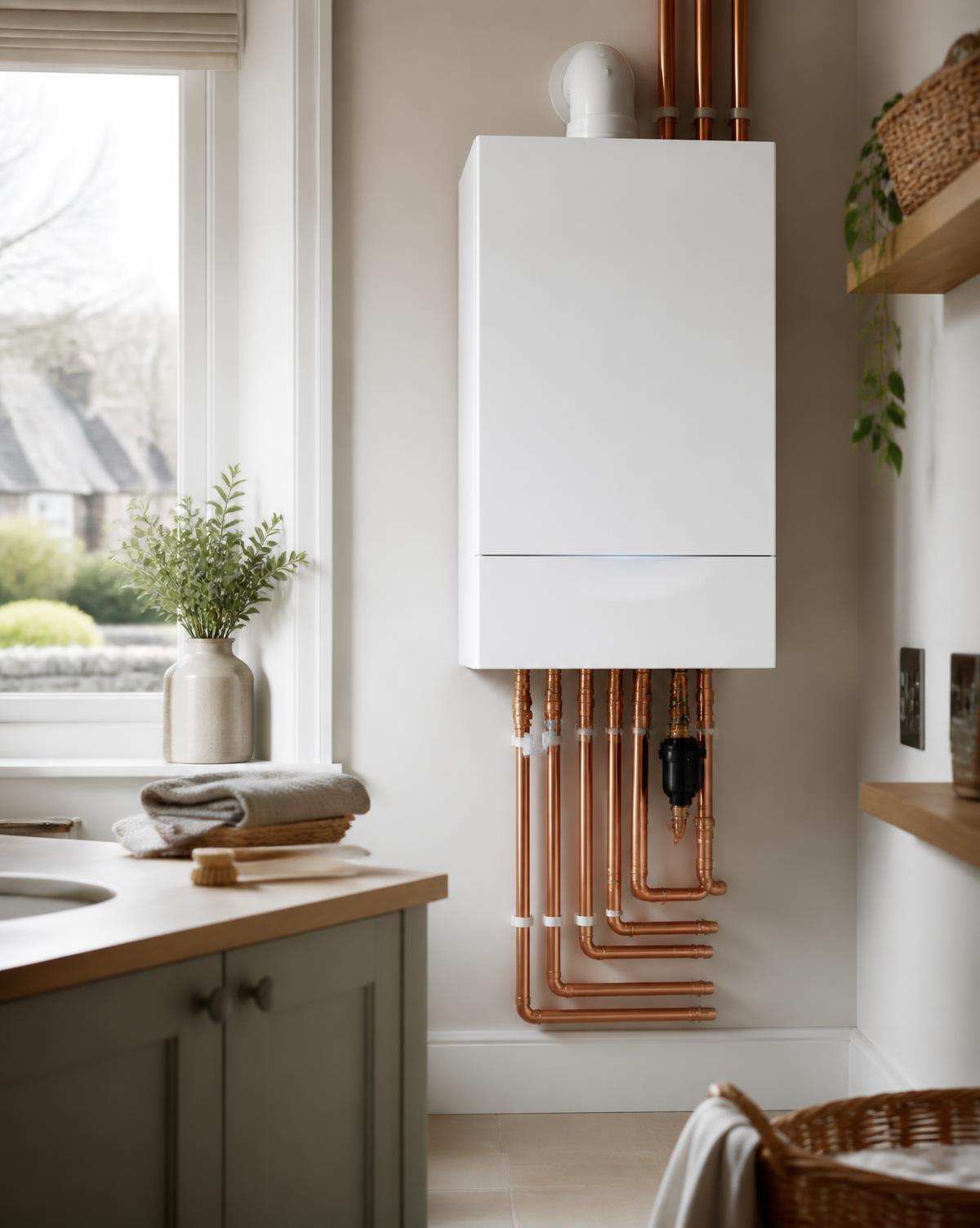 Newly installed white combi boiler with immaculate copper pipework in a bright utility room