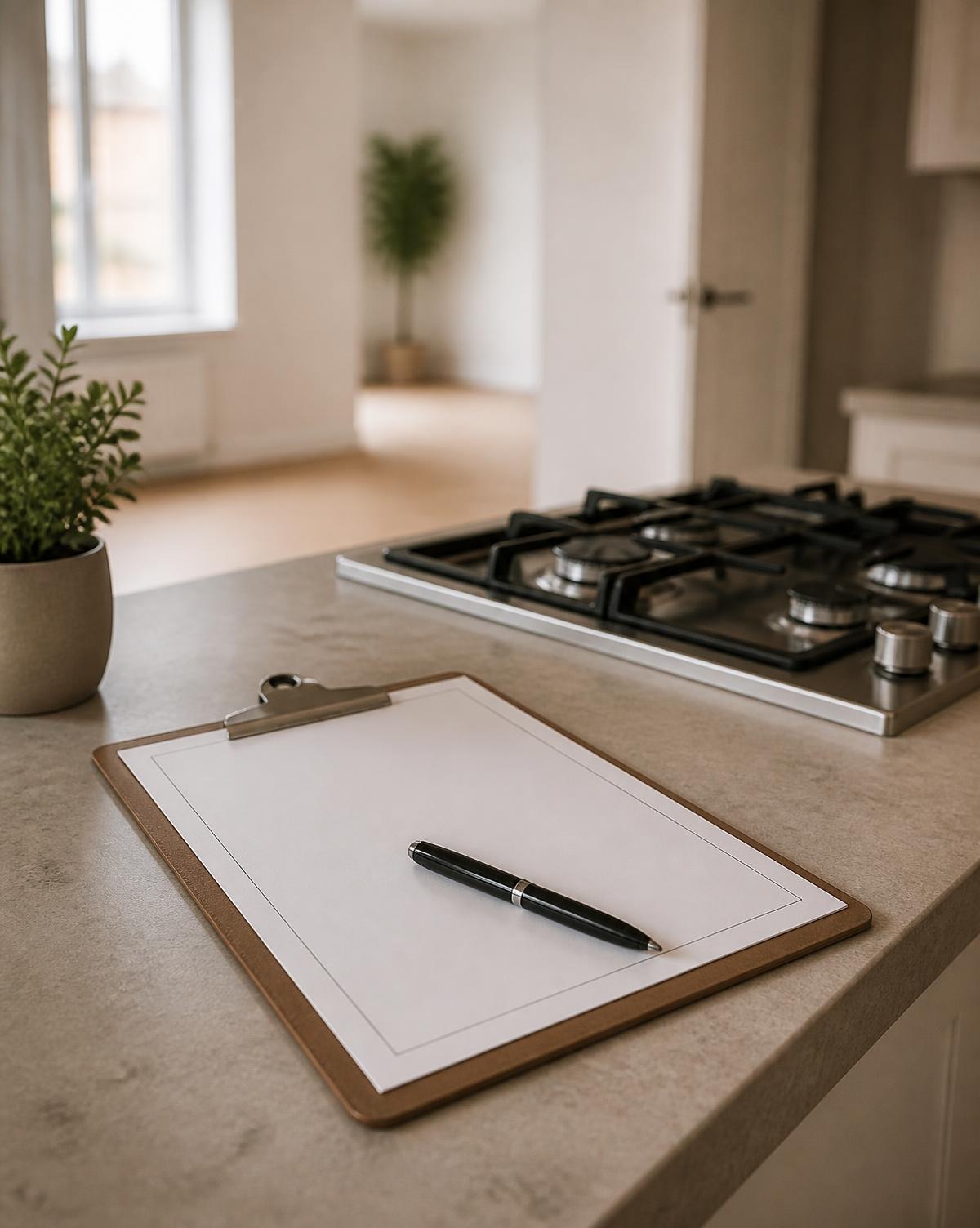 Clipboard with a blank gas safety certificate beside a gas hob in a rental kitchen