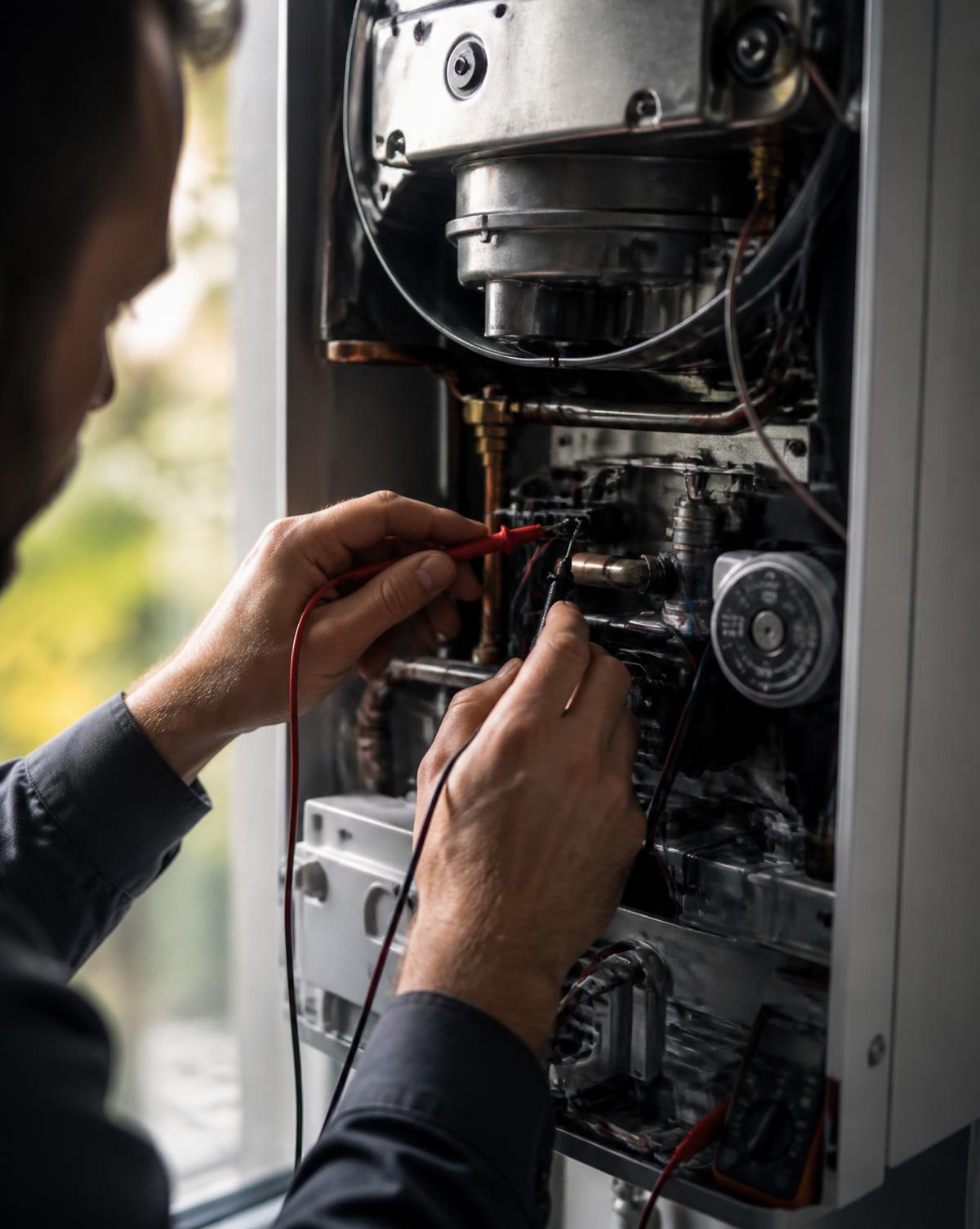 Heating engineer using a multimeter to diagnose the internal components of an open boiler