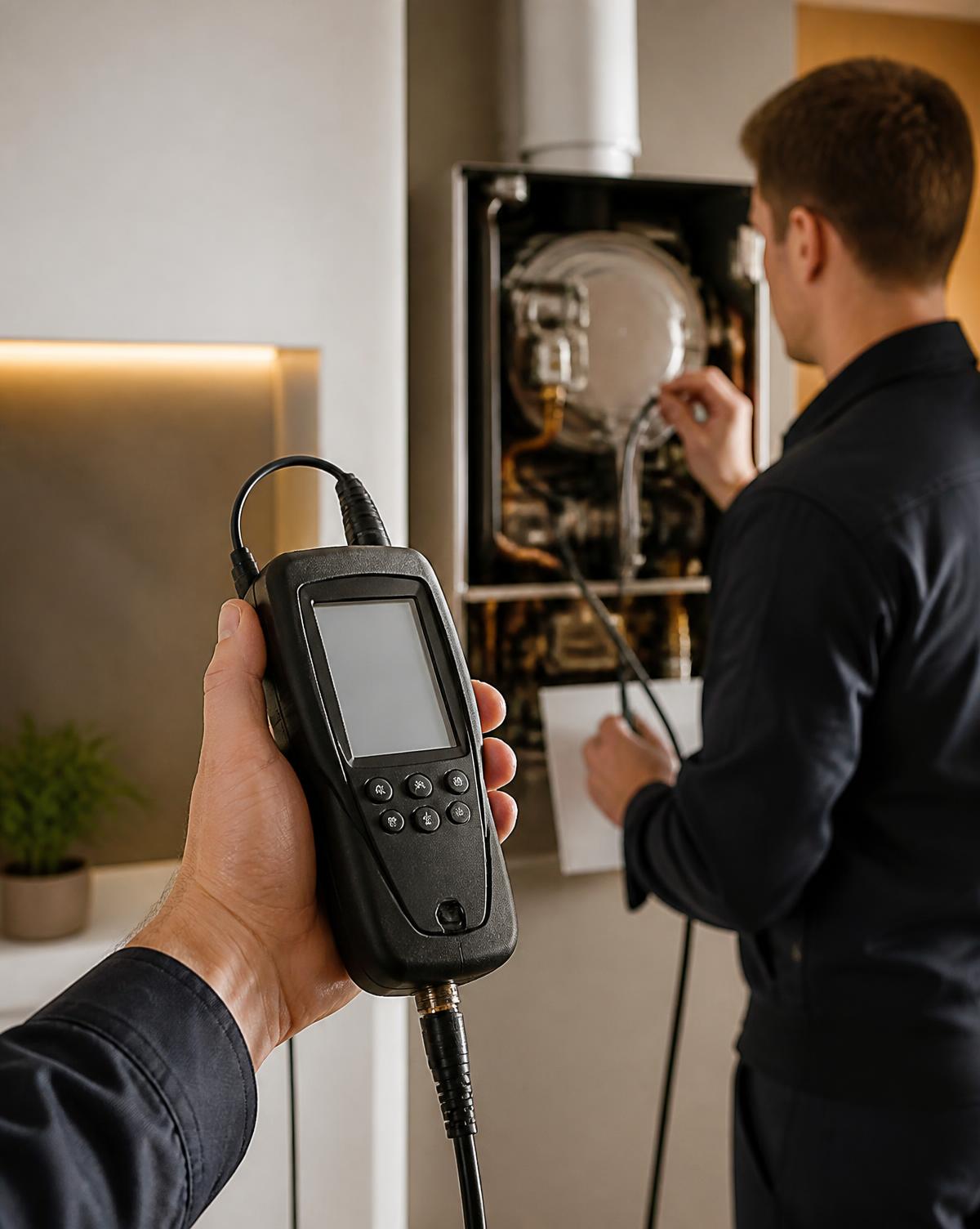 Flue gas analyser held in front of a boiler being serviced by an engineer